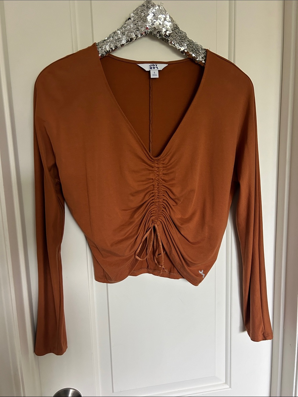 JoyLab Rust Ruched V-Neck Long Sleeve Crop Athleisure Top